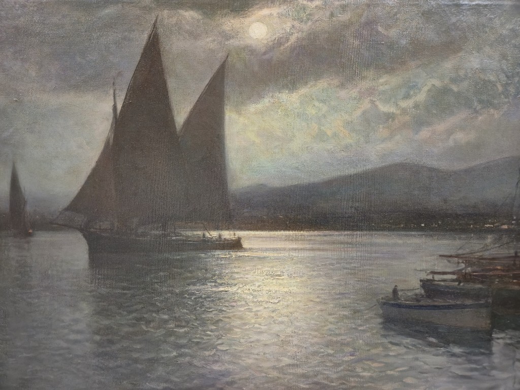Maritimes Oelgemaelde mit Segelbooten bei Mondschein