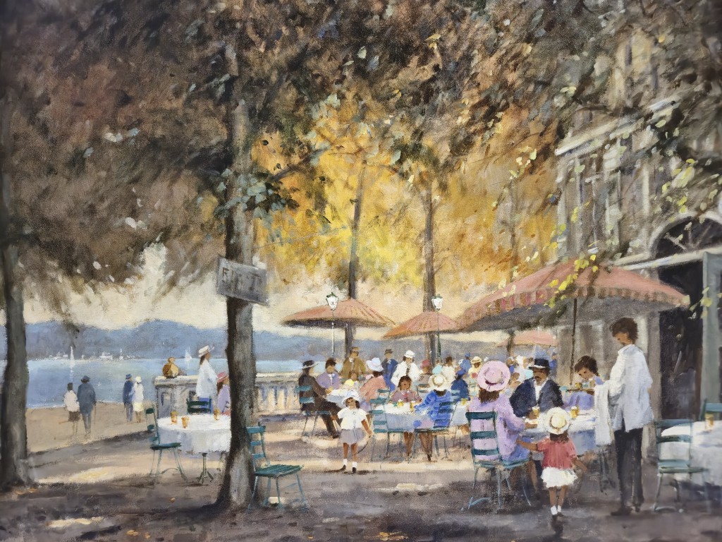 Landschaftsgemälde mit Terrasse am See