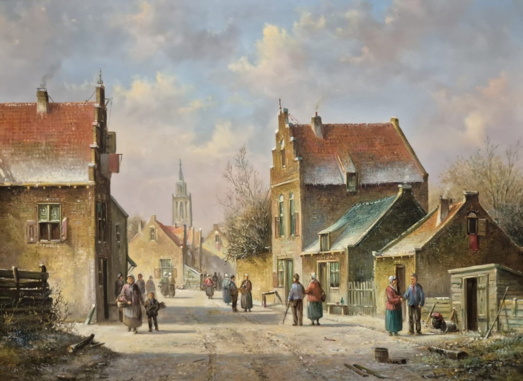 Historische Winterdorf-Strassenszene im Gemälde